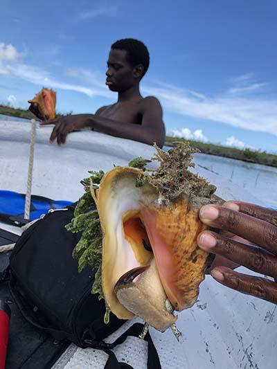 Fisher on boat with conch shell in foreground